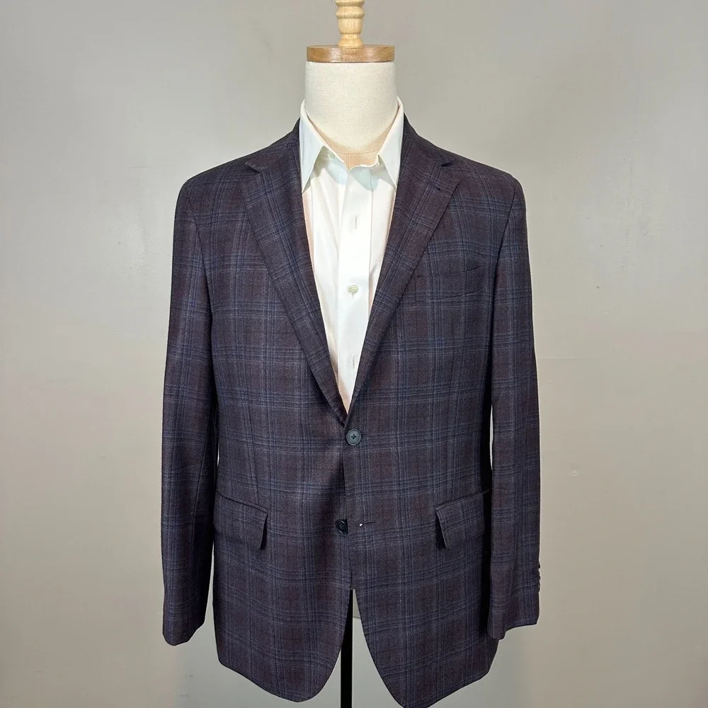 Joseph Abboud Reda Blazer Jacket Regular Blue Plaid Wool Notch Lapel Mens 42